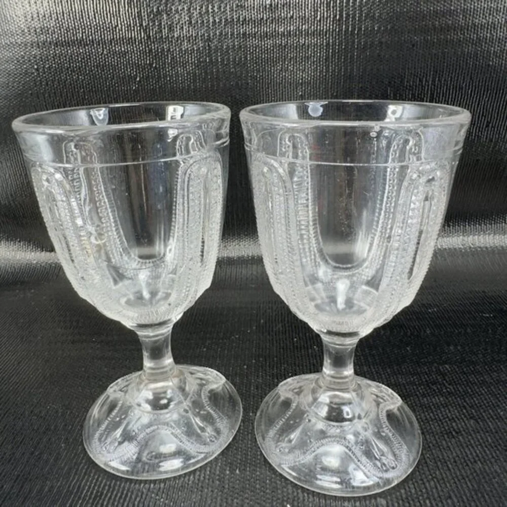 1880s EAPG Adams Glass Curtain Tie‎ Back Goblets Set 2 Manganese 365nm UV Glow